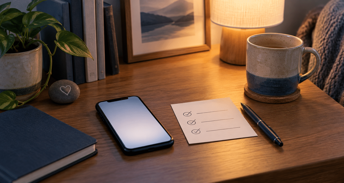 A smartphone and blank support checklist sit on a warmly lit table in a calm room.