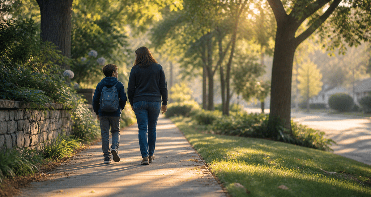 A child and trusted adult walk together through a quiet neighborhood in the morning light.