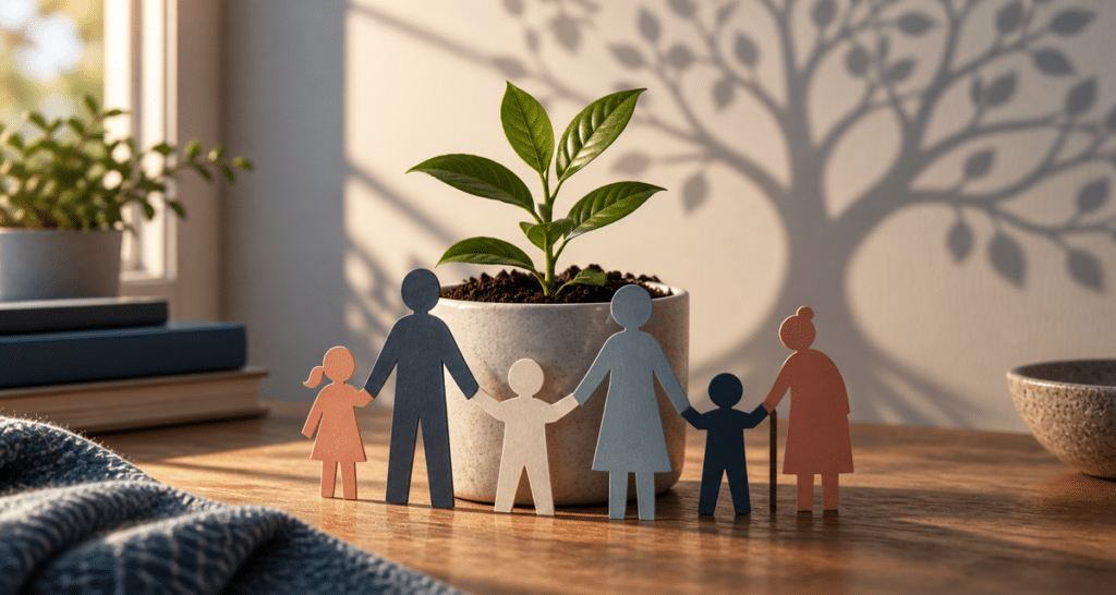 Paper figures representing a multigenerational family stand around a growing plant in warm sunlight.