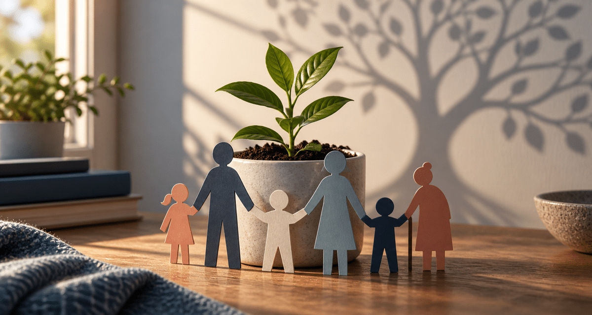 Paper figures representing a multigenerational family stand around a growing plant in warm sunlight.